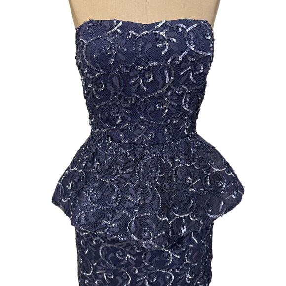 Alice + Olivia Mini Dress Blue Sequin Lace Strapless Peplum Pencil - Picture 4 of 10